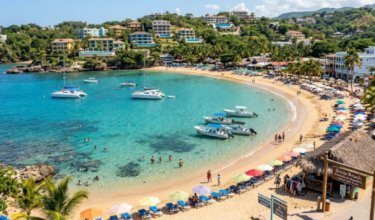 Aerial view of vibrant Sosúa Beach.