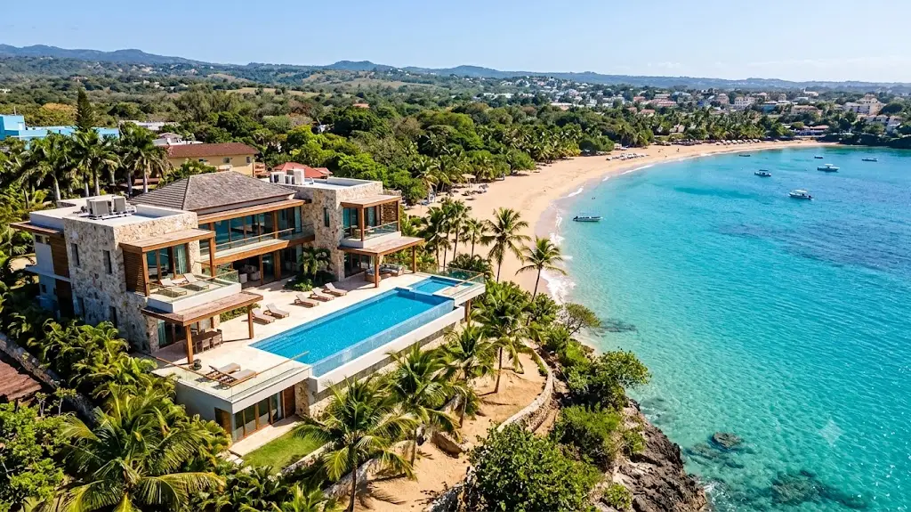 A luxury private villa with a swimming pool just beside a blue crystal-clear beach.