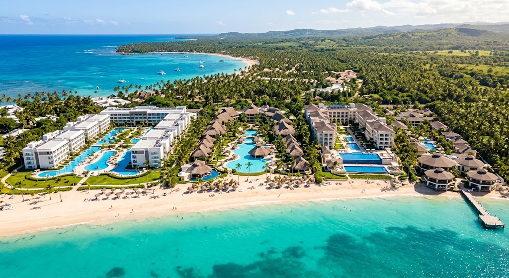 A visual showing multiple luxurious resorts near the beach.