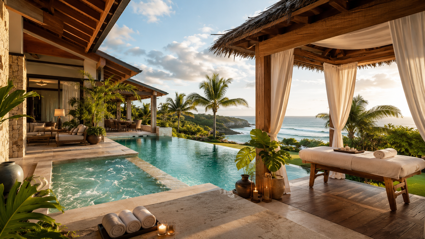 Luxury villa with infinity pool, private spa pavilion, massage table, and ocean views in the Dominican Republic.