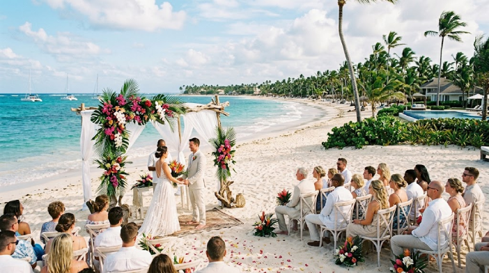 A destination wedding ceremony taking place on a white sand beach with turquoise ocean water.