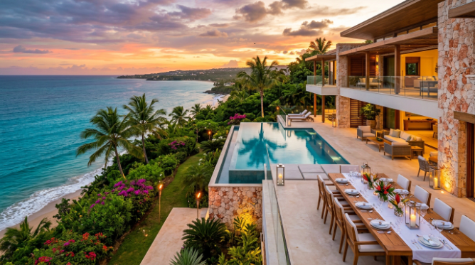 An elevated view of a luxury, multi-level coastal villa.