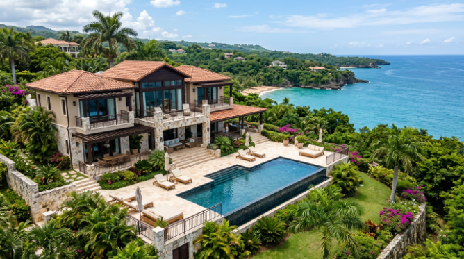 Luxurious tropical villa with a private swimming pool overlooking the ocean.
