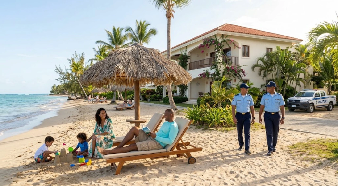 A family relaxes on a tropical beach in Sosúa, Dominican Republic, with POLITUR tourist police patrolling near a beachfront villa